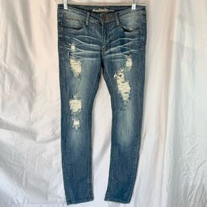 Machine Woman’s Medium Wash Mid-Rise Distressed Themed Skinny Jeans — Size 31